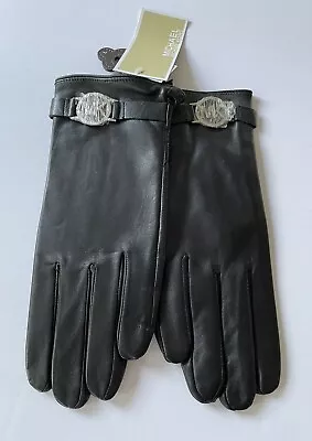 Michael Kors Black Leather Gloves Silver Circle Logo Womens Size Large NWT   • $54