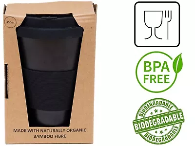 Reusable Biodegradable Bamboo Cup Tea Coffee Travel Mug 400ml - Black • £7.99