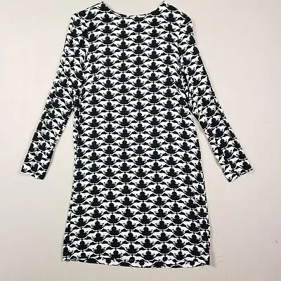 H&M Women Shift Dress Size 2 Black White Cat Print Geo Long Sleeve Keyhole Back • $7.19