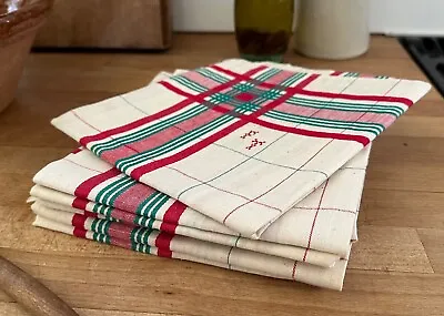 £55 • Buy 6 Vintage French Linen Tea Towels Cream With Multi Stripes Embroidered Initials