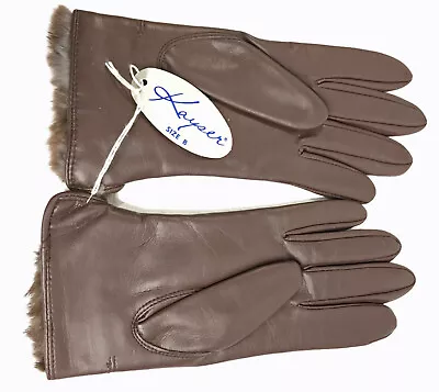 Vintage Kayser NYLON Brown Gloves Cuff Rabbit Fur Lined  SZ 8  Made Hong Kong • $35.95