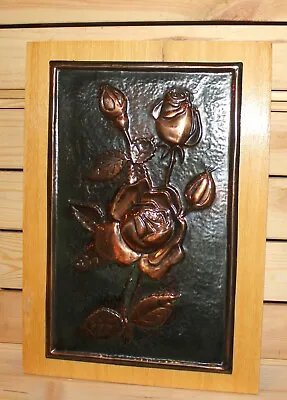 Vintage Wall Hanging Copper/wood Plaque Still Life Flowers Roses With Box • $183.75