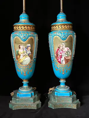 PAIR SEVRES LAMPS -34 In. CELESTE BLUE Antique Rewired FULLY WORKING C.1890 • $2223