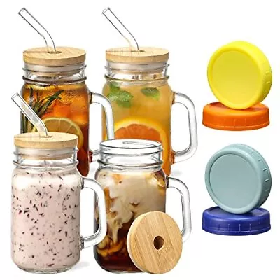 Mason Jar W Handles Bamboo Lids/Glass Straws/Colorful Airtight Lids 4 Set 16oz • $27.27