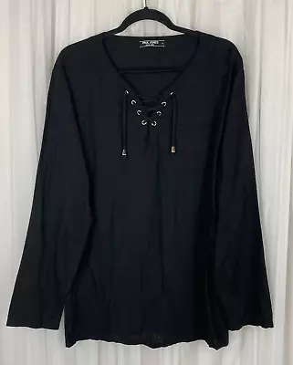 Paul Jones Since 1958 Mens Sz L Black Pullover Rayon Linen Shirt Lace Up V Neck • $14.99