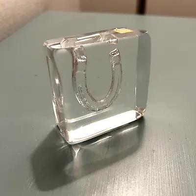 Hadeland Norway Full Lead Crystal Horseshoe Paperweight Art Glass Vintage Square • $18