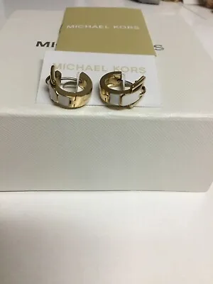 NWT Authentic Michael Kors  Buckle Earrings White+ Gold Huggie Style Free Ship • $65