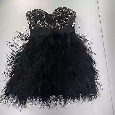 VTG Bebe Black Bodycon Strapless Feather Fringe Dress - Women's Size S (Short) • $60