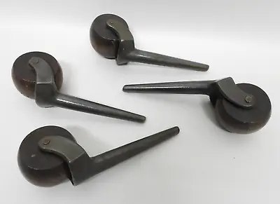 4 Antique Cast Iron & Wood Furniture Casters 2  Wheels Tapered Stem Vintage • $19.95