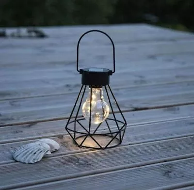 Solar Hanging LED Lantern Geometric Style Garden Light Black Metal Table Lamp • £8.99