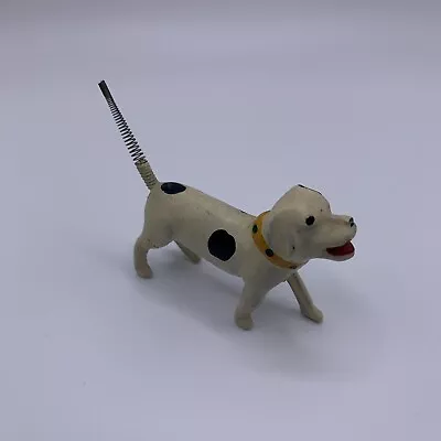 Vintage Cast Metal Mini Dog Figurine White Black Spring Tail Unbranded • $19.99