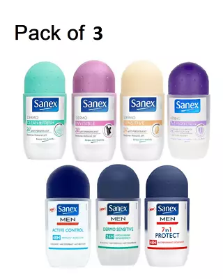 £7.50 • Buy Pack Of 3 Sanex Women Or Men Anti-Perspirant Deodorant Roll-On 50ml 