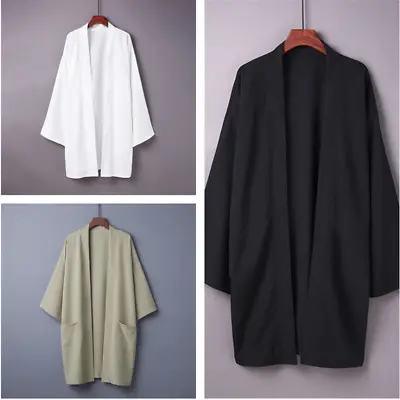 Men Japanese Coat Kimono Top Jacket Long Cardigan Yukata Loose Retro Outwear • £24.39