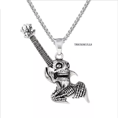 Skull Guitar Bass Music Metal Punk Skulls Pendant Necklace W 24” Round Box Chain • $16