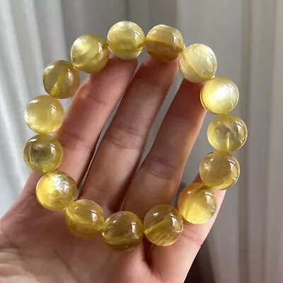 Natural Gold Lepidolite Quartz Kunzite Flash Clear Round Bead Bracelet 13mm AAAA • $73.92