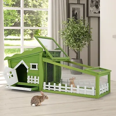 Wooden Rabbit Hutch Indoor Outdoor Chicken Coop Pet Cage House W/ Asphalt Roof • £99.95