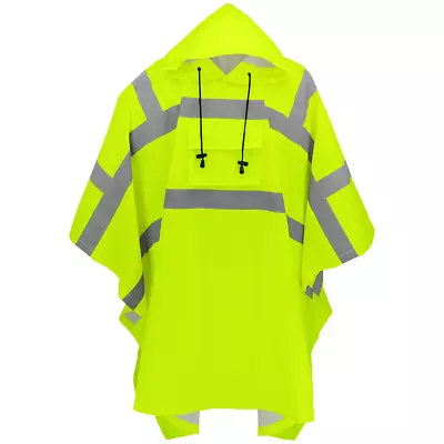 Yellow Safety Polyester Rain Poncho With Hoodie & Reflective Stripe One Size • $39.95