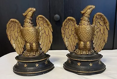 Pair Vintage Sexton USA Cast Iron American Eagle Bookends Black With Gold Stars • $38