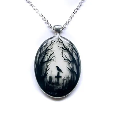 Raven Cemetery Oval Pendant Necklace Witch Gothic Halloween Crow Jewelry Charm • $9.95