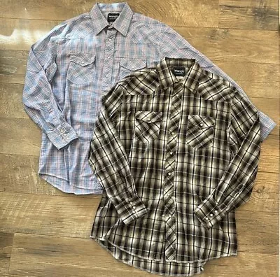 Lot Of (2) Wrangler Western Pearl Snap Plaid Long Sleeve Shirts Men's 16.5X37 • $44.99