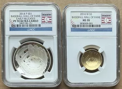 2014 Baseball Hall Of Fame Commemoratives Silver $1 Pf70uc & Gold $5 Ms70 Ngc • $2.25