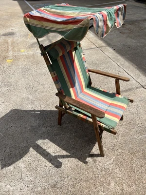 $24.99 • Buy Vintage Antique Edwardian Canopy Shade Deck Chair Folding Beach Lounge Outdoor