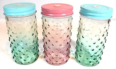 Set Of 3 Stylish Hobnail Mason Jar Drinking Glasses W/Lid - 2 Teal 1 Pink 15oz • $14.99