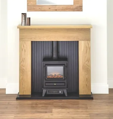 Electric Fire Stove Oak Mantle Black Modern Fireplace Logs Surround Suite Bnib • £542.90