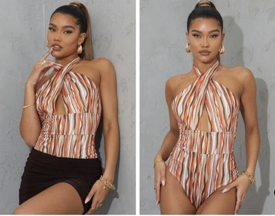£5 • Buy Pretty Little Thing Stripe Halter Neck Bodysuit Size 10