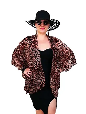 Bubbles Bay Plus Size Chiffon Kimono Style Jacket Animal Print Leopard Brown Top • $48