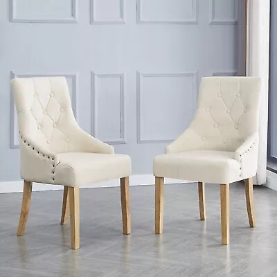 2pcs Beige Fabric Dining Chairs Button-Tufted Upholstered Armchairs With Rivets • £129.99