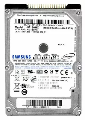 Hard Drive Samsung Spinpoint M5 HM160HC 160GB 5400U/Min 8MB Ide Ata 2.5   Inch • £33.64