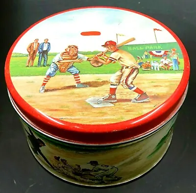 Vintage Baseball Players Tin Box Bright Graphics Of Players 5  Diameter Metal • $21.95