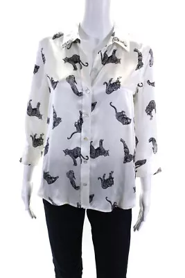 L'Agence Womens Leopard Satin 3/4 Sleeve Button Up Top Blouse White Black Small • $49.99