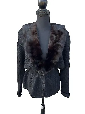 Vintage 50s Black Women’s 100% Wool & Real Mink Collar Cardigan Sweater Medium • $84