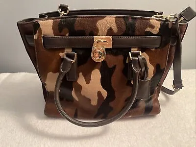 Michael Kors Hamilton Brown Suede Calf Hair Camouflage Handbag Purse EUC • $135