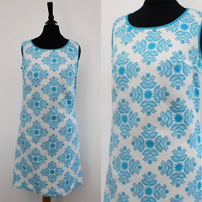 Vintage 1960s MOD Dress Blue White Sleeveless RETRO Floral Folk Art Sundress 6 • £8.99
