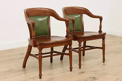 Pair Vintage Traditional Banker Office Library Desk Chairs #38239 • $1800