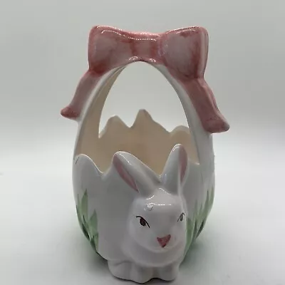 Mud Pie 1998 Ceramic Bunny Basket  Pink Bow  Pre Owned Easter Decor 5.5”x4” • $9.99