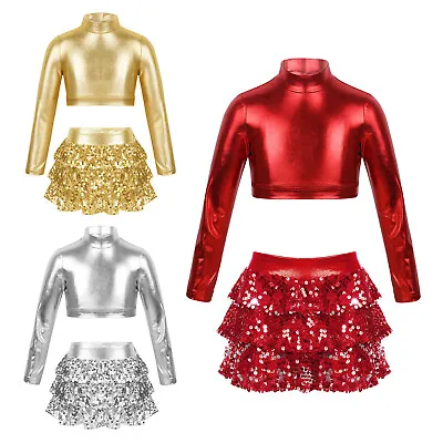 UK Kids Girls Costume Tiered Dancewear Ruffle Dance Outfits Theme Party Crop Top • £6.82
