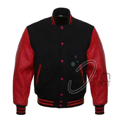$79.99 • Buy Varsity Letterman Baseball Bomber Jacket Black Wool And Red Real Leather Sleeves