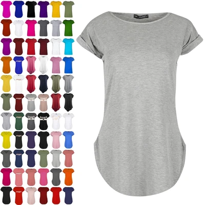 £7.49 • Buy Womens Curved Hem Jersey Plain Top Ladies Round Neck Turn Up Cap Sleeve T Shirt