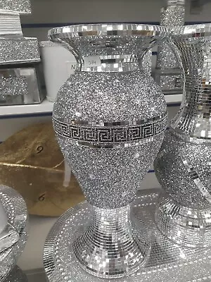 £19.99 • Buy 30Cm Sparkle Diamond Crushed Crystal Sparkly Silver Mirrored Floor Vase Style54