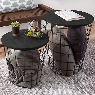 Set Of 2 Nesting Storage Side Tables - Vintage Look With Wood Veneer Black  • $131.81