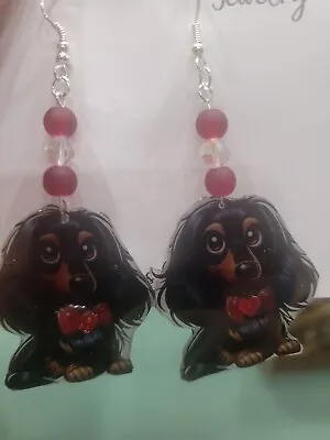  Adorable Black And Tan Dachshund Resin Shrink Art And Beads.  Pierced Earrings  • $25