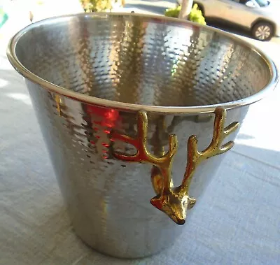 Wine Ice Bucket W Stag Head Handles Barware Silver Metal 8   Tall • $12.99