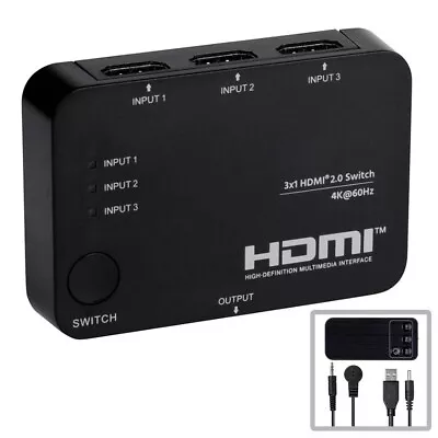 3-Port 3x1 HDMI Switch 4K 60Hz UHD 1080p 18Gbps 3D HDCP 2.2 With IR Remote • $54.14