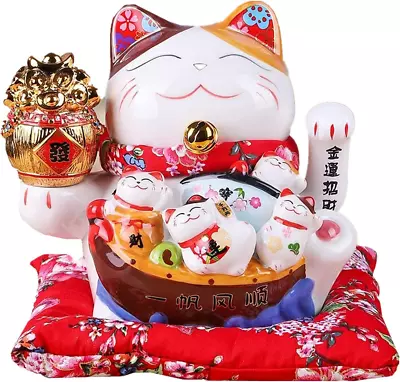 7  White Ceramic Maneki Neko Lucky Cat (Japanese Lucky Cat) Waving Lucky CatOrn • $87.98