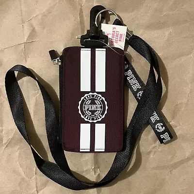 Victoria's Secret PINK  Lanyard Small ID Case Holder Wallet Maroon White Stripe • $43.50