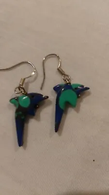 Vtg 1980s Native American Fetish Azurite Dolphin Sterling Silver Drop Earrings • £22